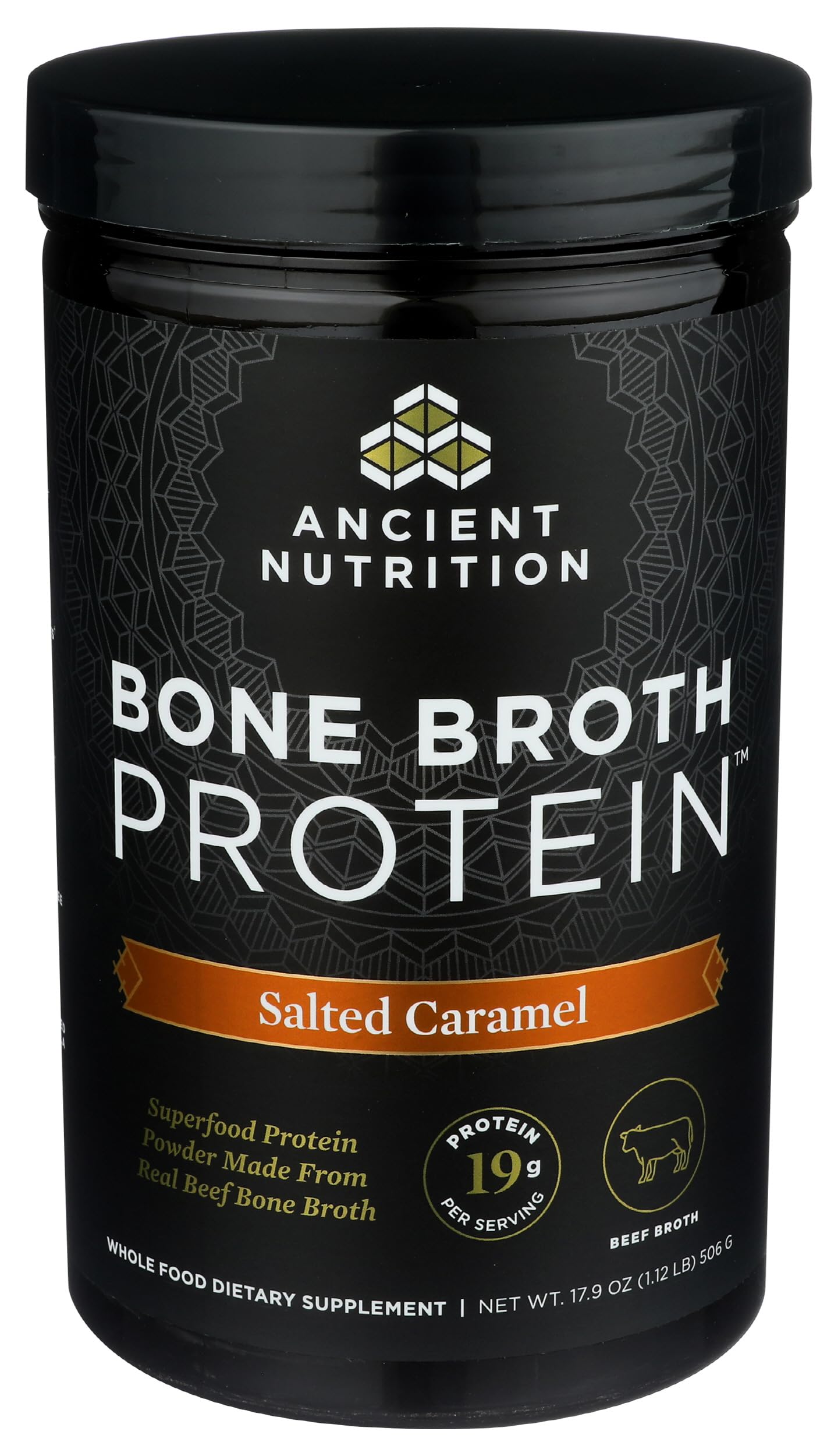 Ancient Nutrition Bone Broth Protein powder in a glass with a blended drink