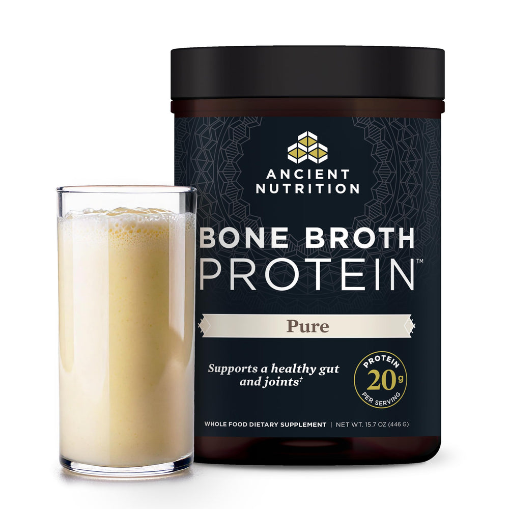 Ancient Nutrition bone broth protein vanilla bottle pour shows convenient high-protein serving for daily use.