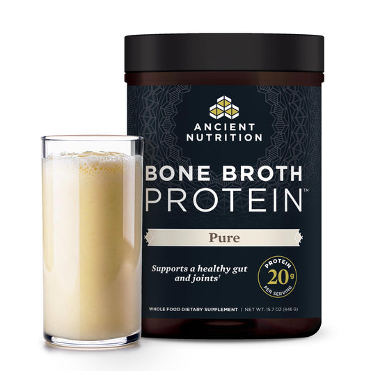 Ancient Nutrition bone broth protein vanilla bottle pour shows convenient high-protein serving for daily use.
