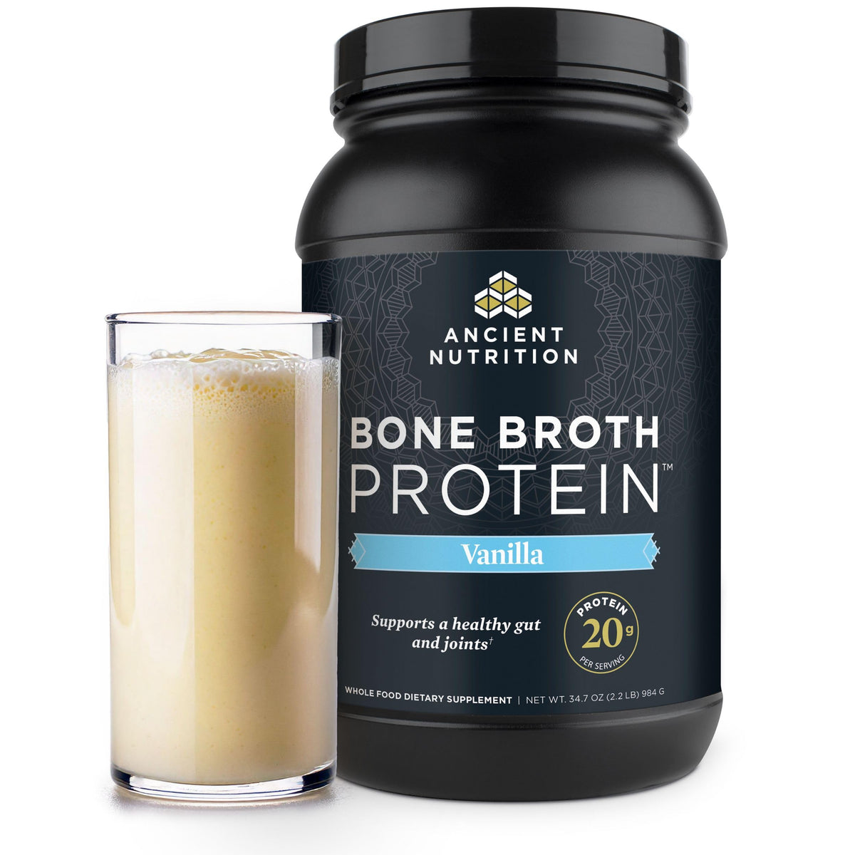 Ancient Nutrition Bone Broth Protein Vanilla bottle for quick, high-protein shakes.