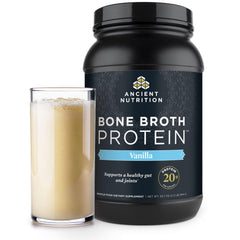 Ancient Nutrition Bone Broth Protein Vanilla bottle for quick, high-protein shakes.