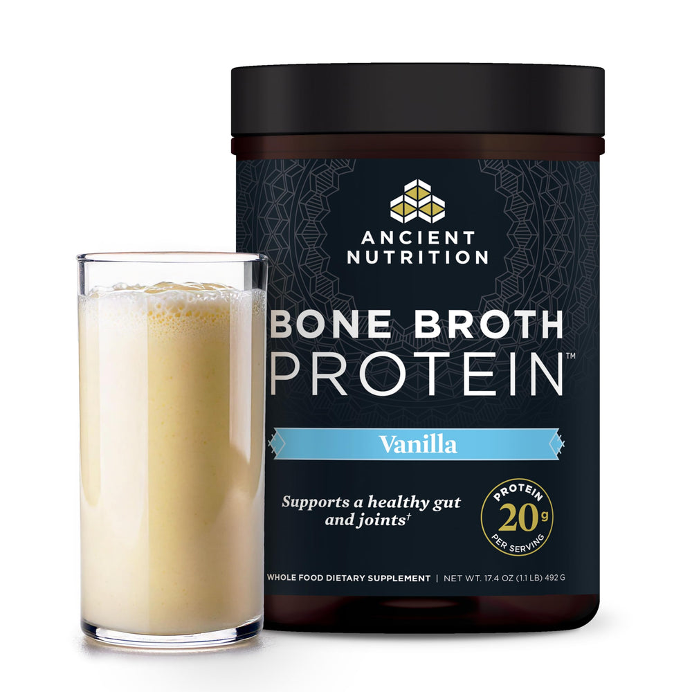 Ancient Nutrition vanilla bone broth protein jar ideal for easy smoothies