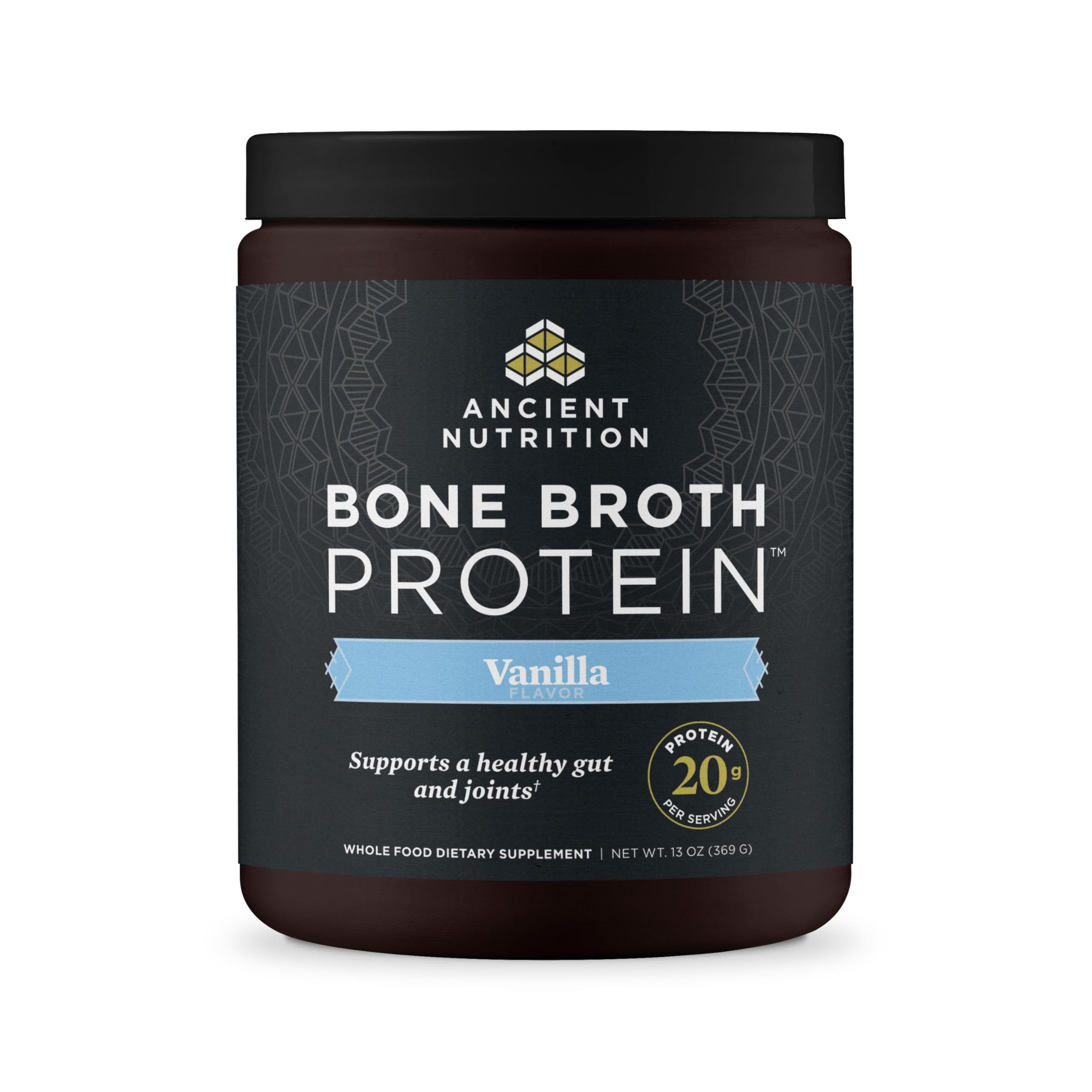 Ancient Nutrition bone broth protein vanilla tub ready for smoothies and meals
