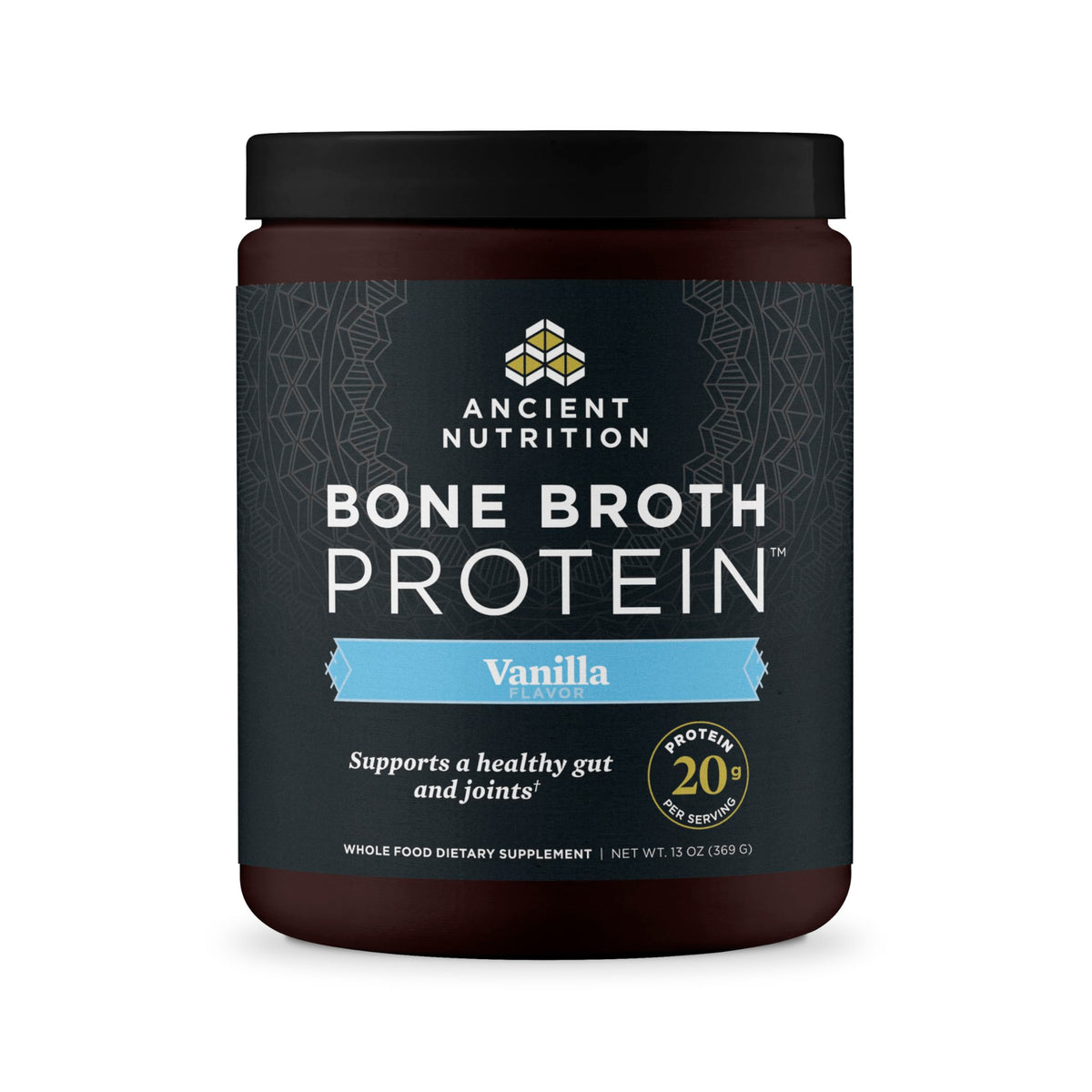Ancient Nutrition bone broth protein vanilla tub ready for smoothies and meals