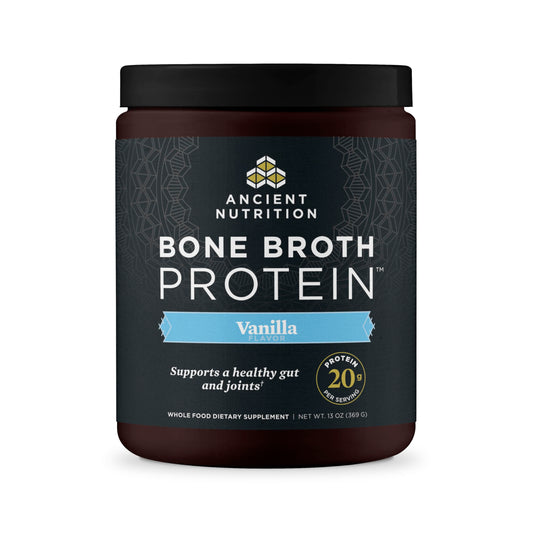 Ancient Nutrition bone broth protein vanilla tub ready for smoothies and meals