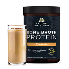 Ancient Nutrition bone broth protein vanilla tub, protein-rich for smoothies.