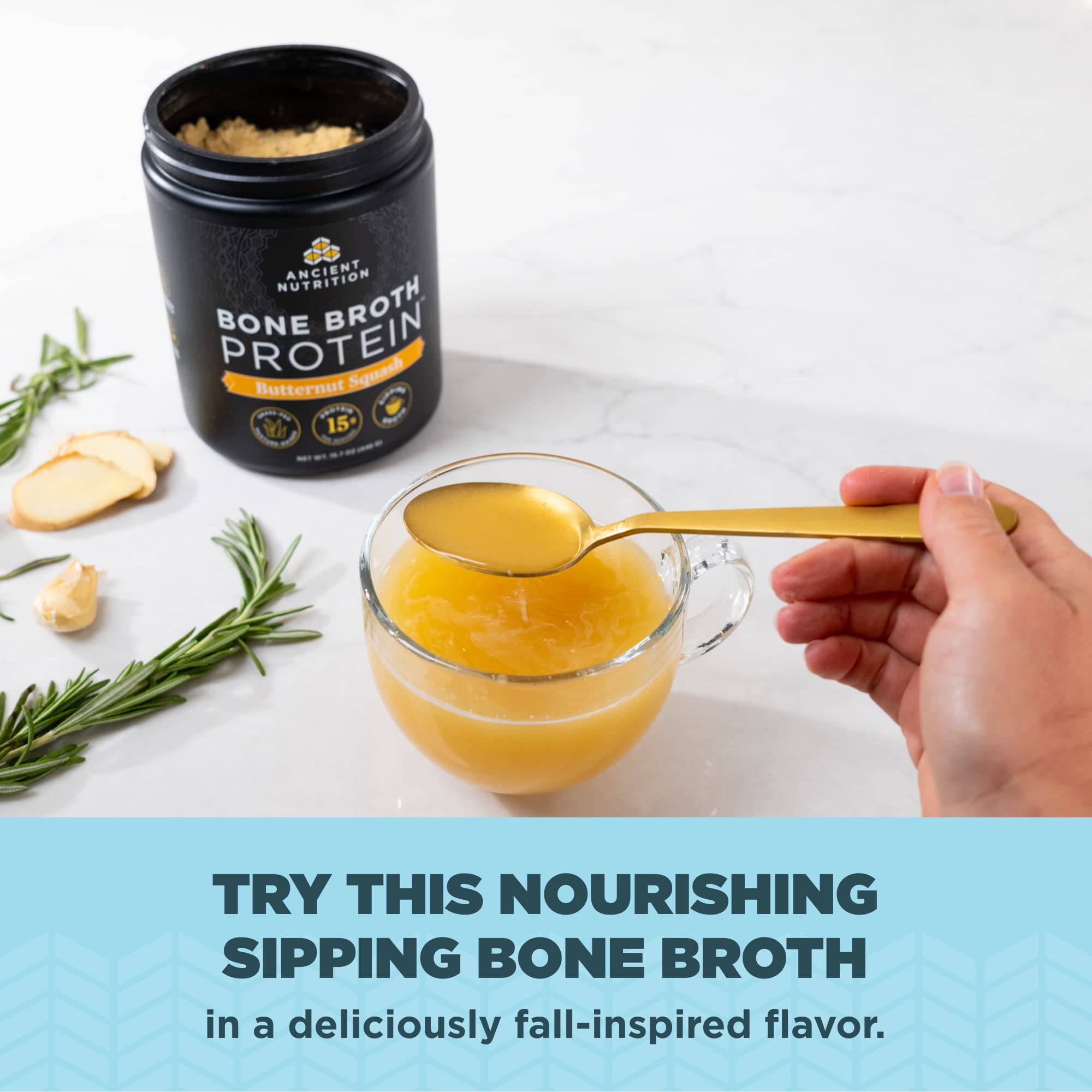 Warm cup of Ancient Nutrition bone broth protein ready to sip