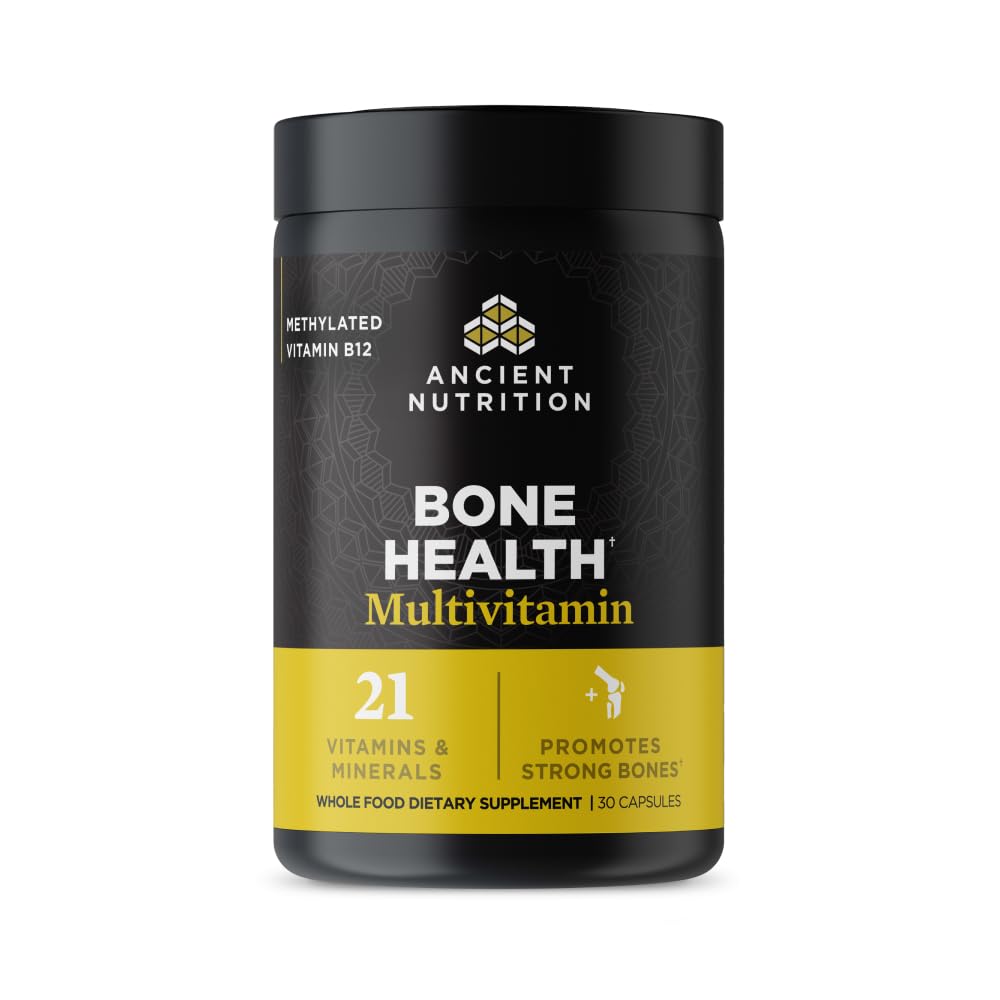 Ancient Nutrition bone health bottle showing bone-support ingredients for daily use.