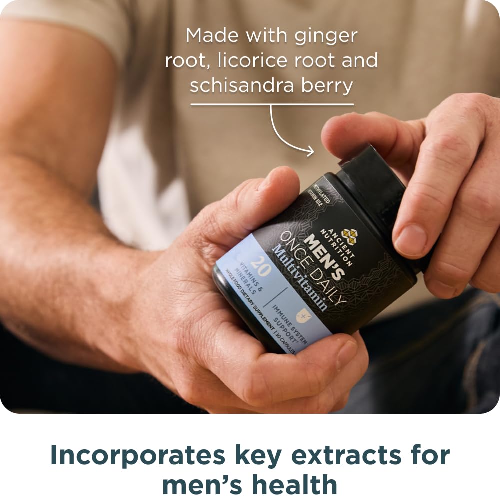 Ancient Nutrition bottle with capsules spill conveys texture and color cues
