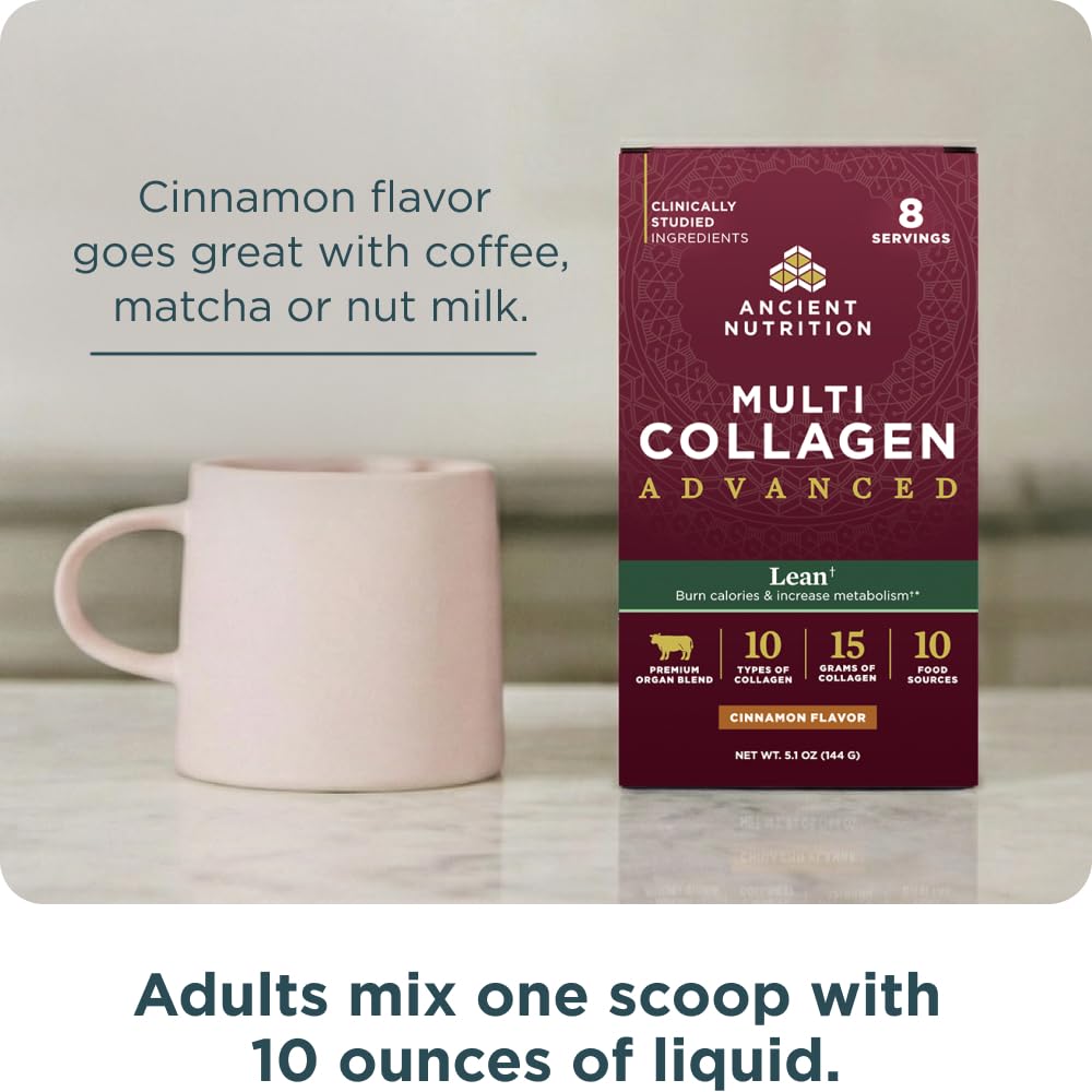 Ancient Nutrition collagen powder stirred into coffee for a convenient morning routine.