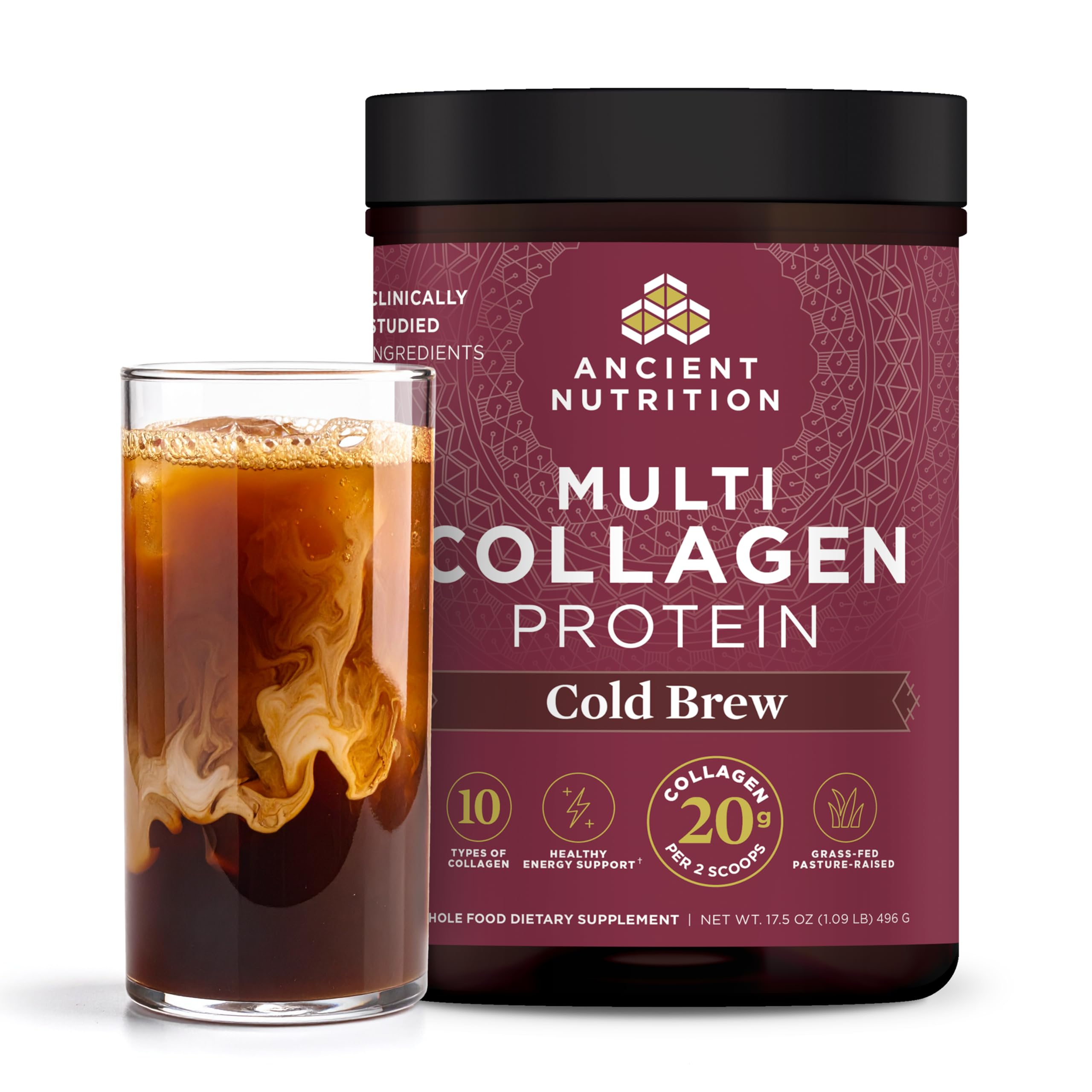 Ancient Nutrition cold brew collagen powder bottle on counter suggesting daily skin and gut support