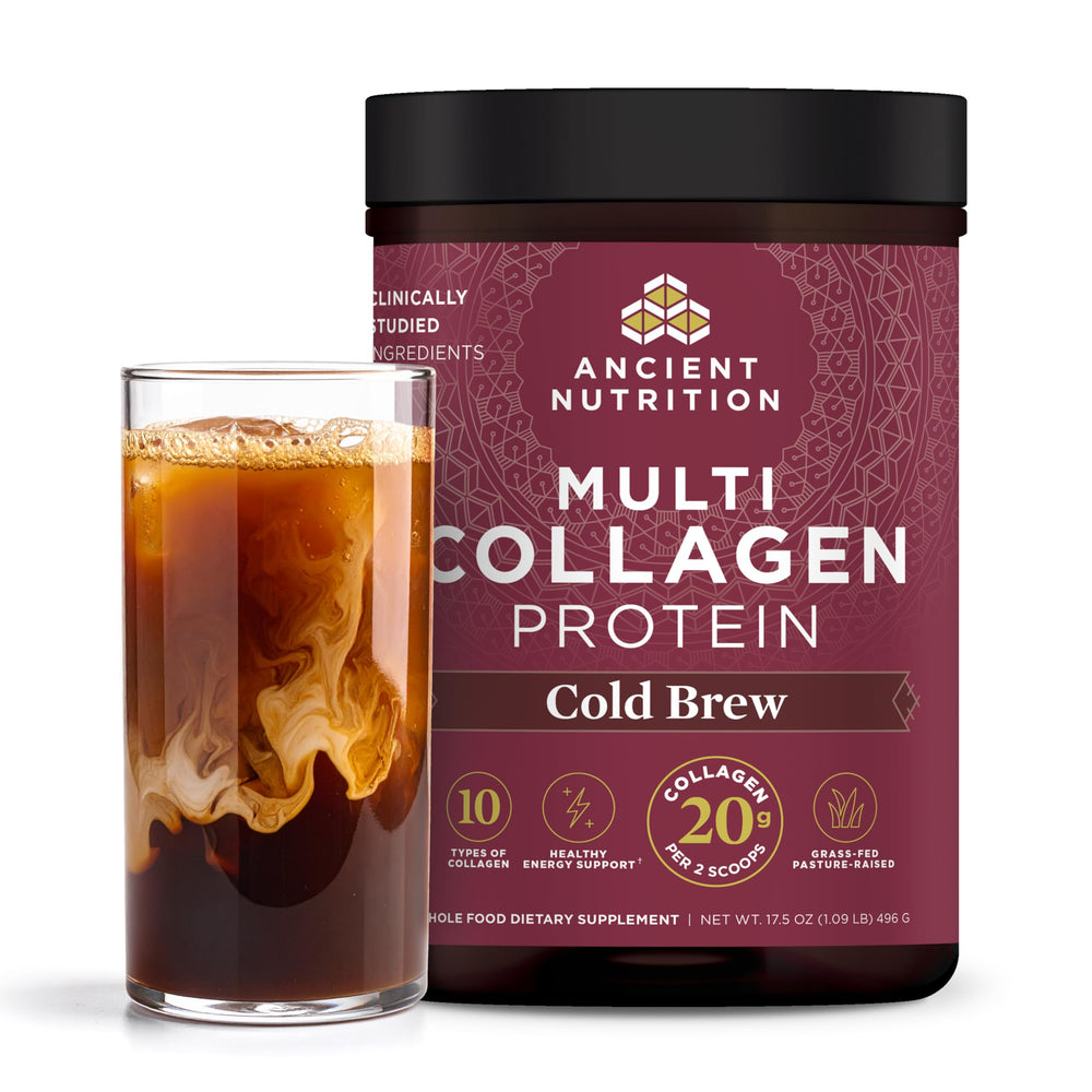 Ancient Nutrition cold brew collagen powder bottle on counter suggesting daily skin and gut support