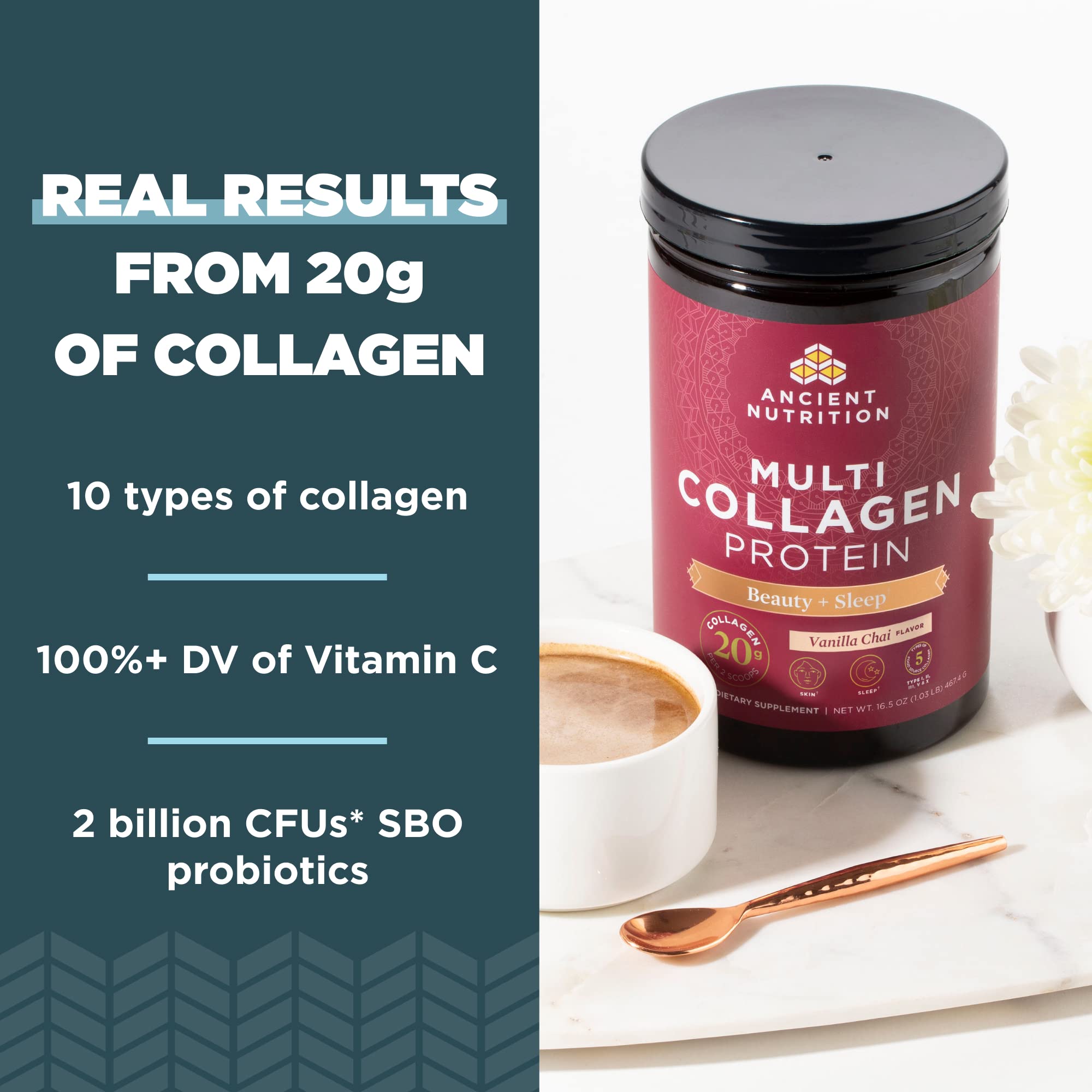 Ancient Nutrition Beauty + Sleep scoop indicating 9g protein per serving.