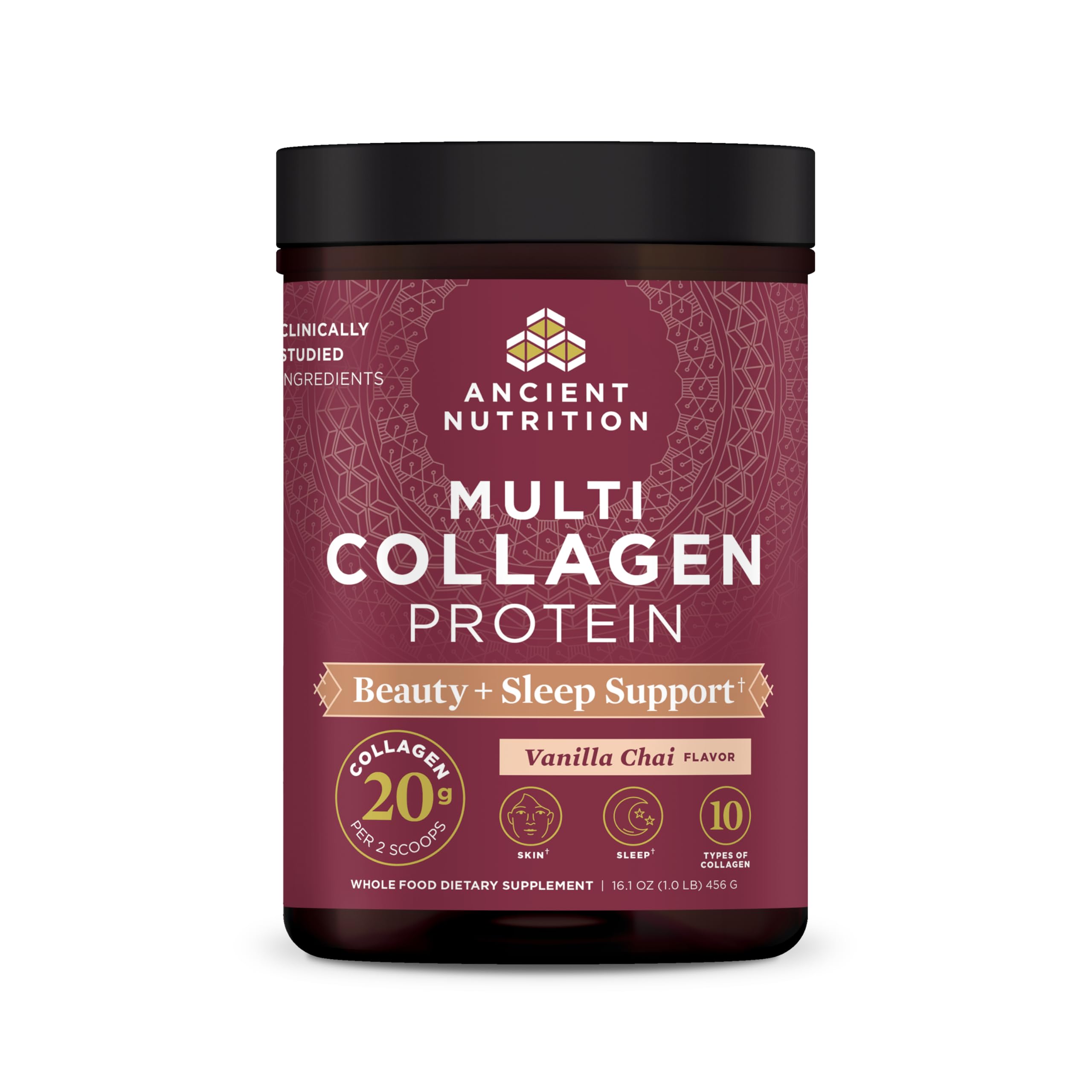 Ancient Nutrition Beauty + Sleep vanilla chai bottle front for daily glow.
