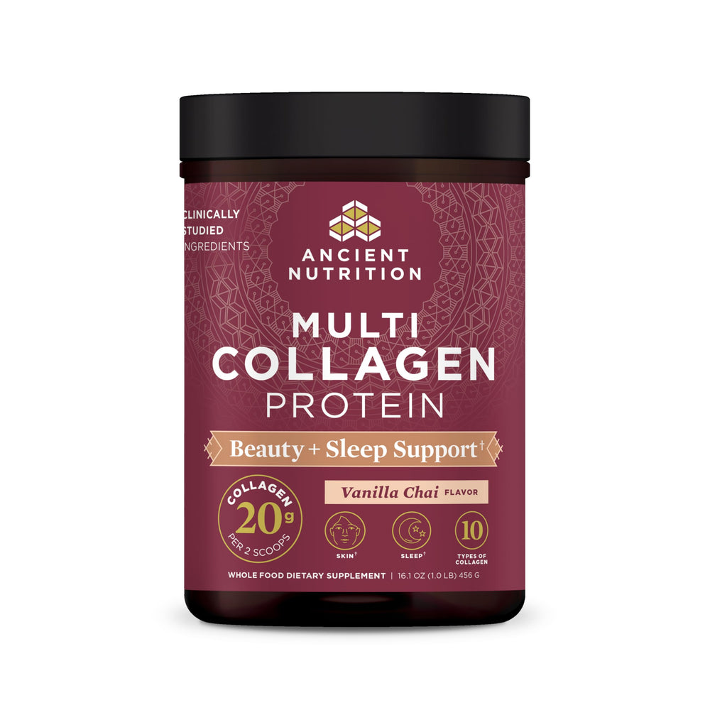 Ancient Nutrition Beauty + Sleep vanilla chai bottle front for daily glow.