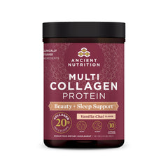 Ancient Nutrition Beauty + Sleep vanilla chai bottle front for daily glow.