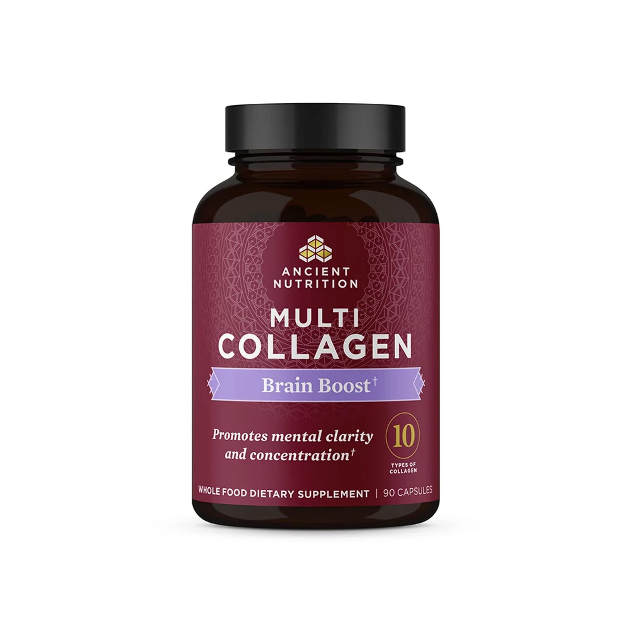 Ancient Nutrition Collagen Brain Boost bottle close-up for daily wellness and skin support.
