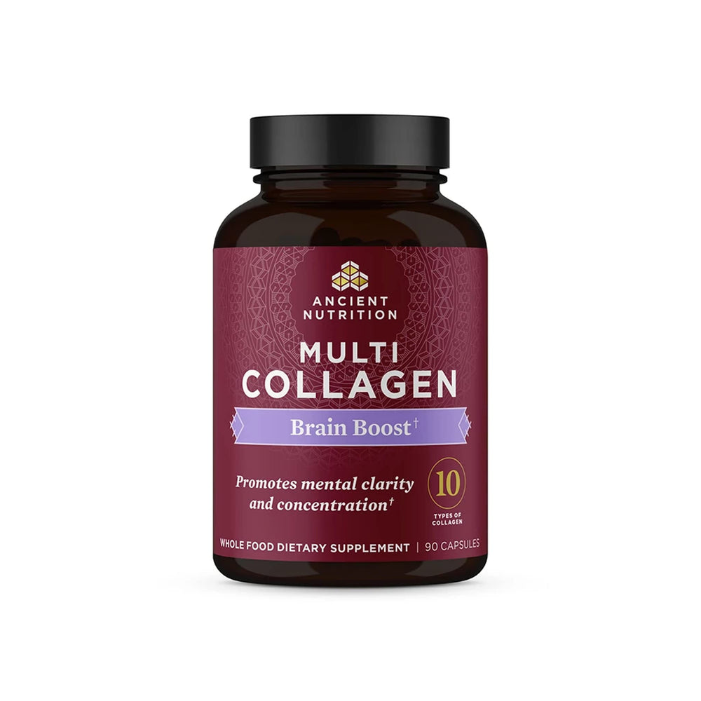 Ancient Nutrition Collagen Brain Boost bottle close-up for daily wellness and skin support.