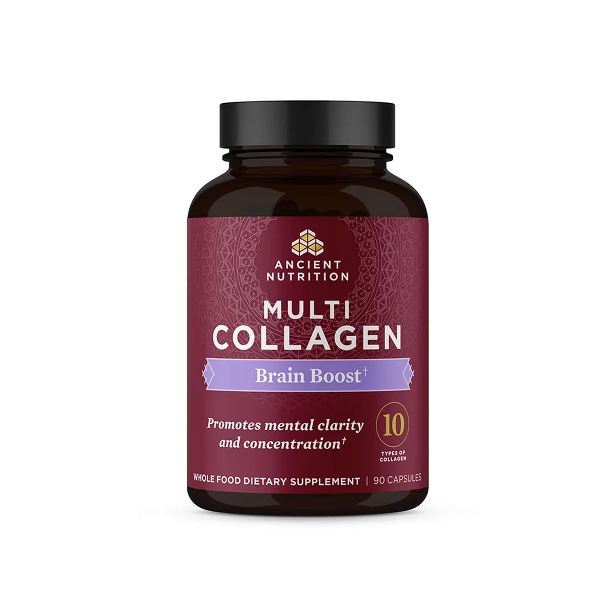 Ancient Nutrition Collagen Brain Boost bottle close-up for daily wellness and skin support.
