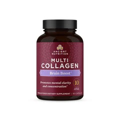 Ancient Nutrition Collagen Brain Boost bottle close-up for daily wellness and skin support.