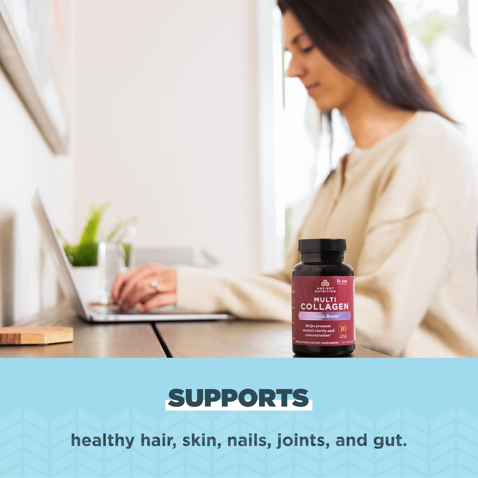 Ancient Nutrition Collagen Brain Boost front label highlights clean, allergen-friendly ingredients.