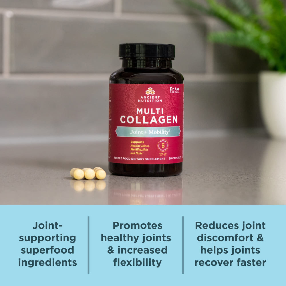 Ancient Nutrition collagen capsules close-up highlighting clean ingredients from chicken and eggs.