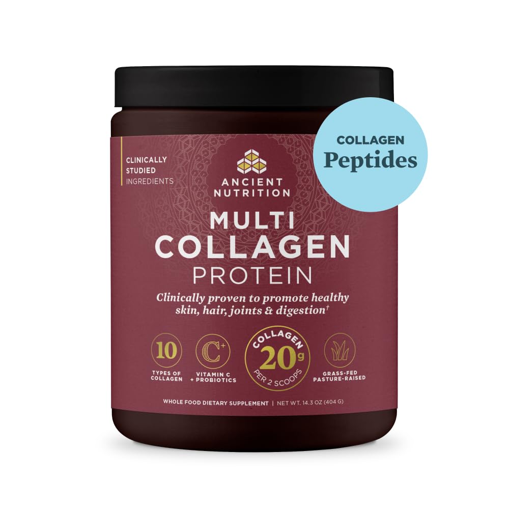 Ancient Nutrition collagen peptides powder bottle promotes easy daily intake