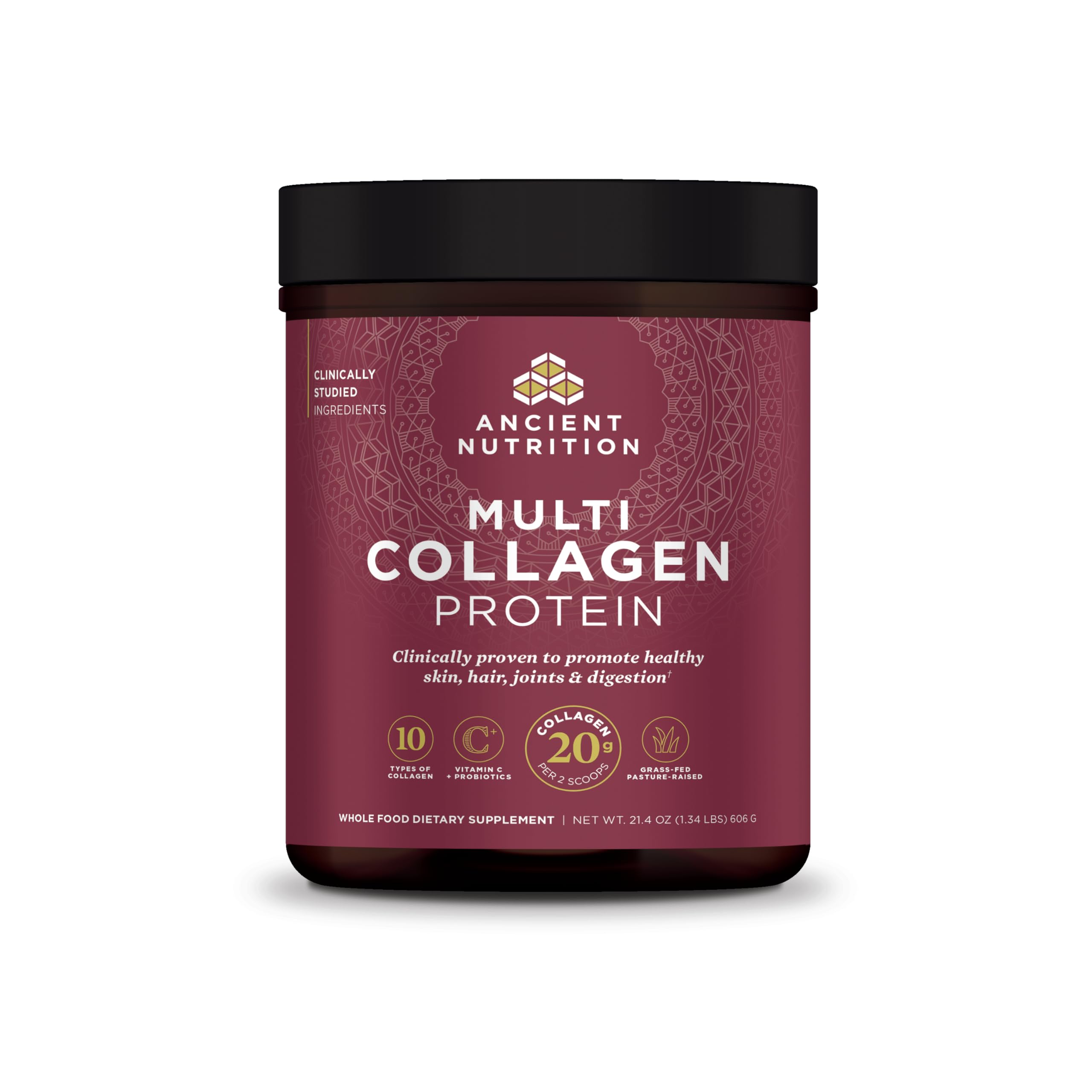 Ancient Nutrition Collagen Peptides bottle showing multi-collagen benefits for skin and joints