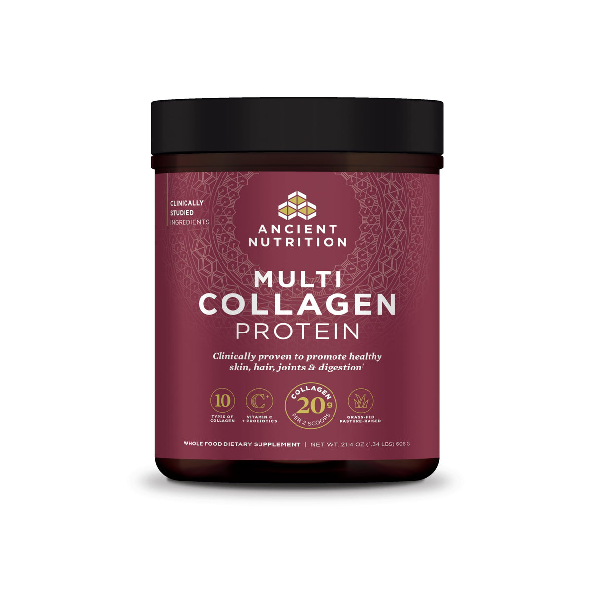 Ancient Nutrition Collagen Peptides bottle showing multi-collagen benefits for skin and joints