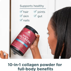 Ancient Nutrition Collagen Peptides Vanilla jar with glass showing easy 2-scoop serving