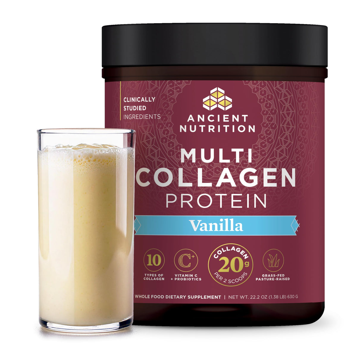 Ancient Nutrition Collagen Peptides Vanilla bottle-front view highlighting multi-collagen blend for skin and joints