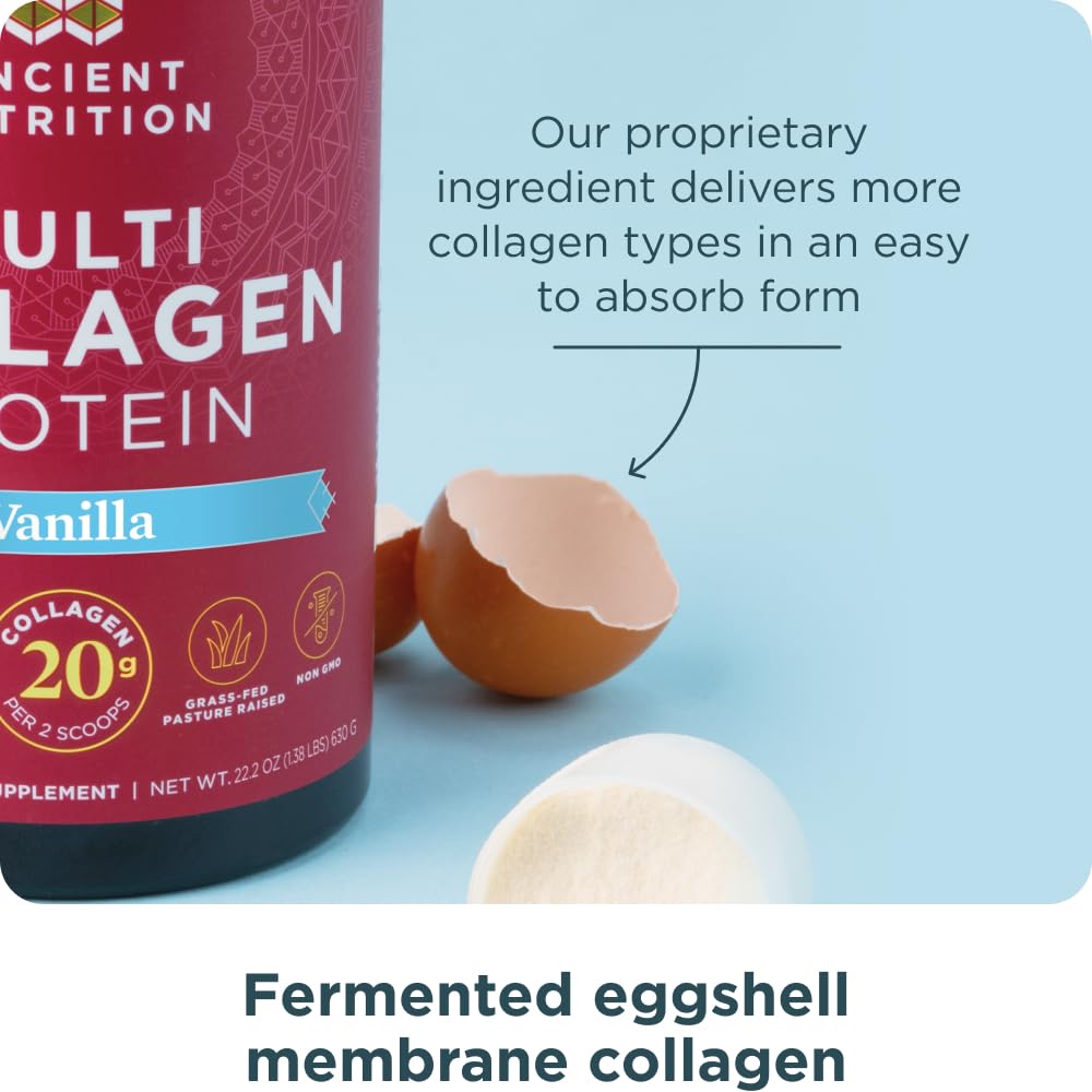 Ancient Nutrition Collagen Peptides Vanilla label close-up highlighting fermented eggshell collagen