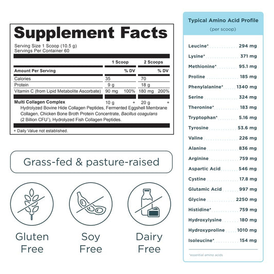 Ancient Nutrition Collagen Peptides Vanilla powder with scoop ready for smoothies