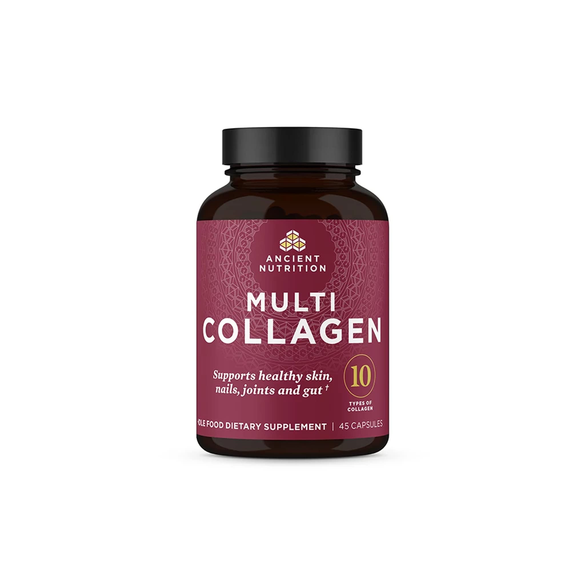 Ancient Nutrition collagen pills bottle close-up showing easy daily use for skin and joints