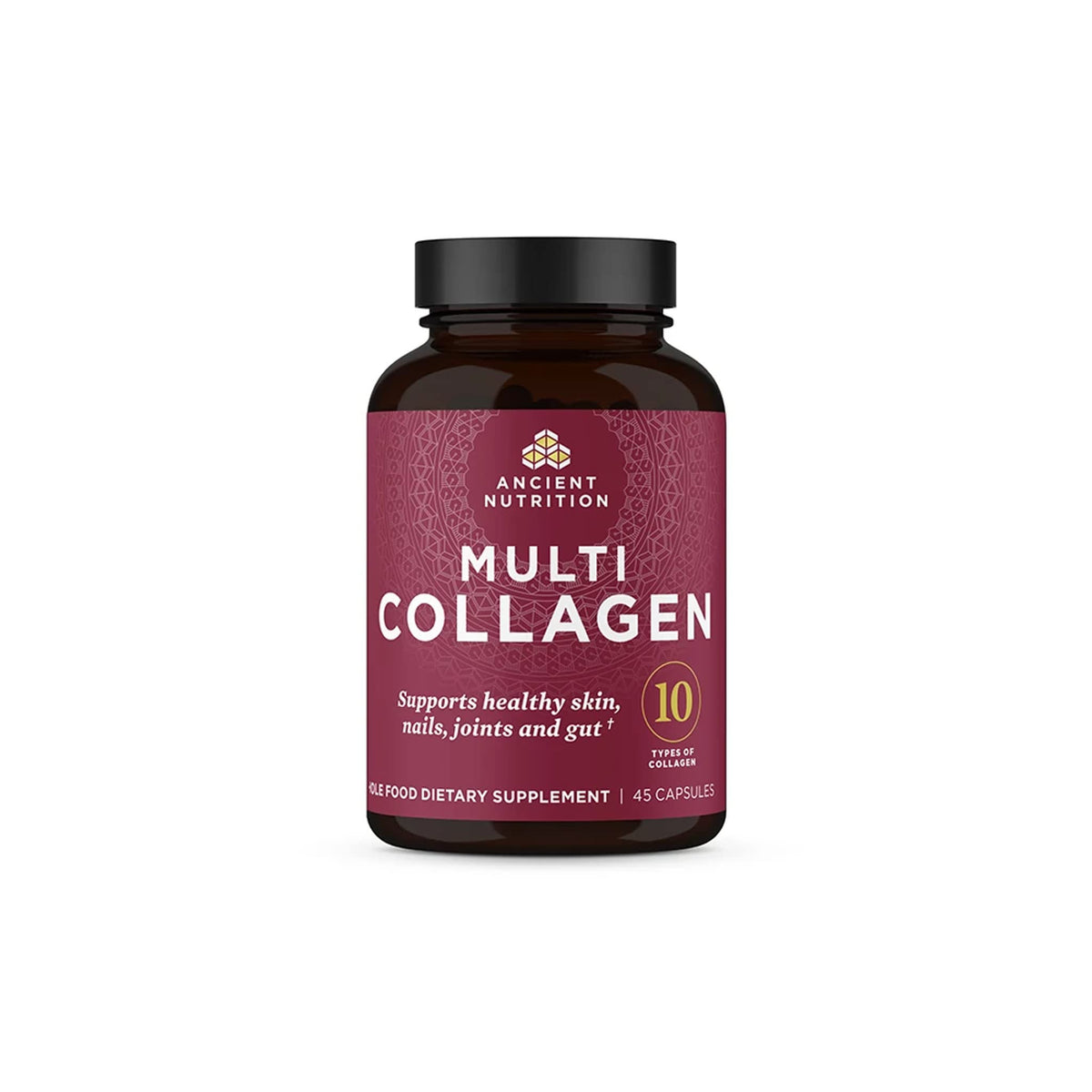 Ancient Nutrition collagen pills bottle close-up showing easy daily use for skin and joints