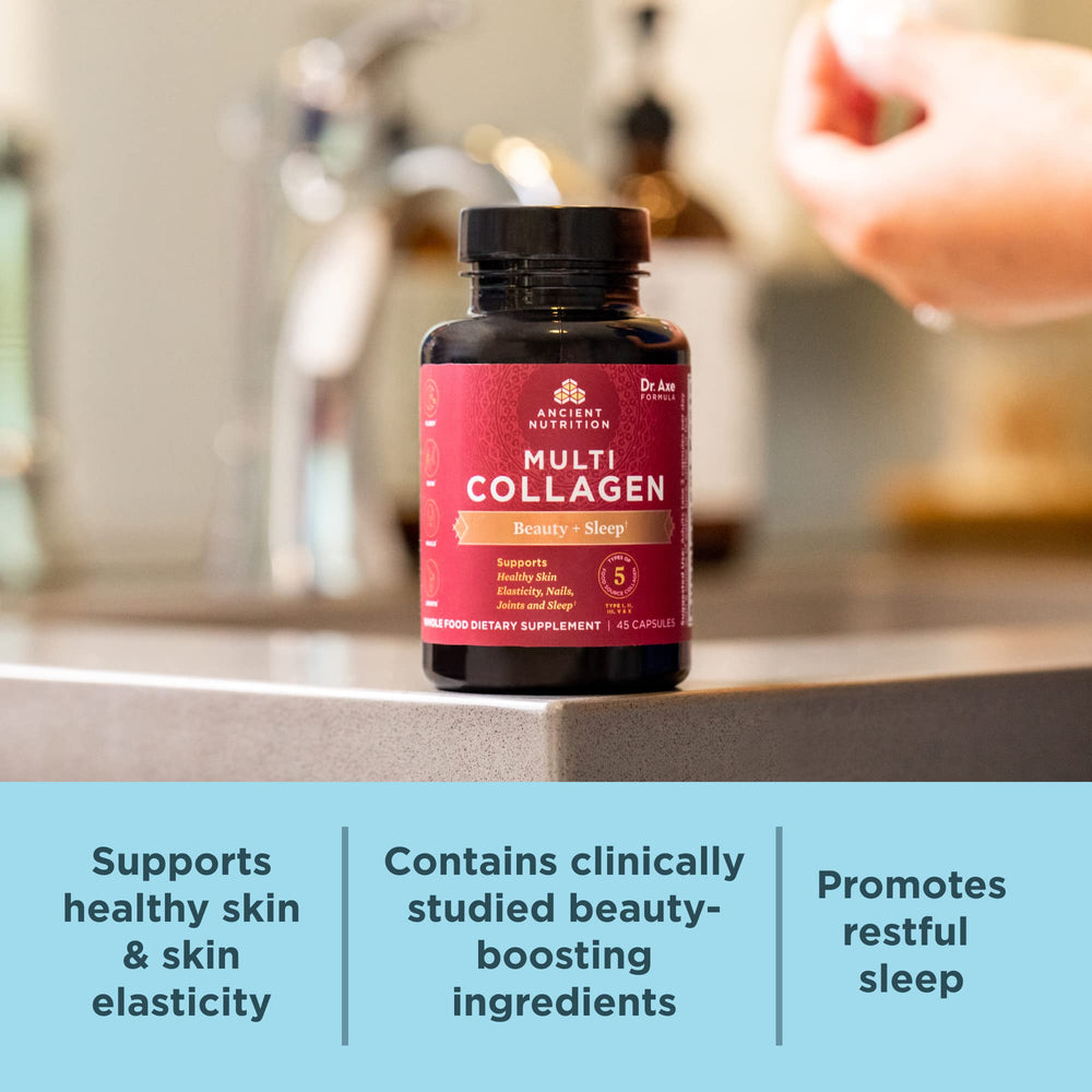 Ancient Nutrition collagen pills on a beauty routine setup for glowing skin