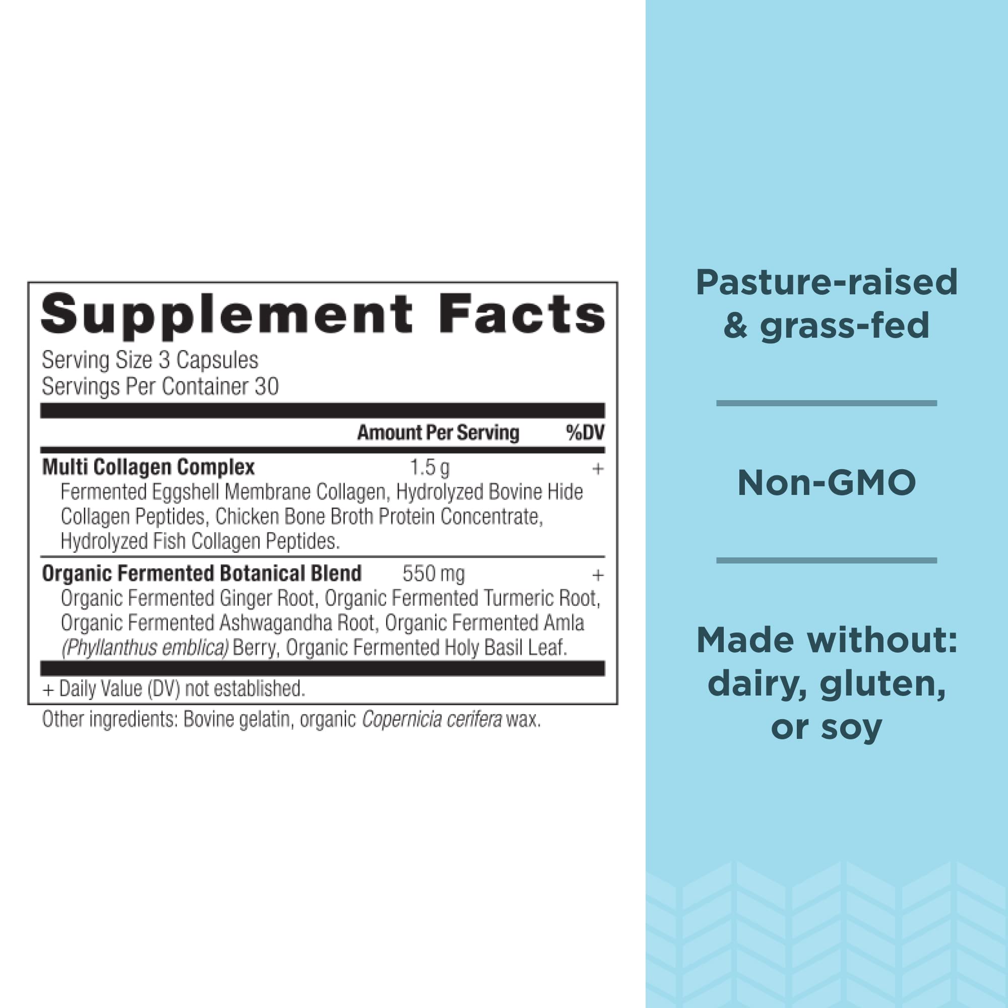Ancient Nutrition pills ingredients label displaying five collagen types.