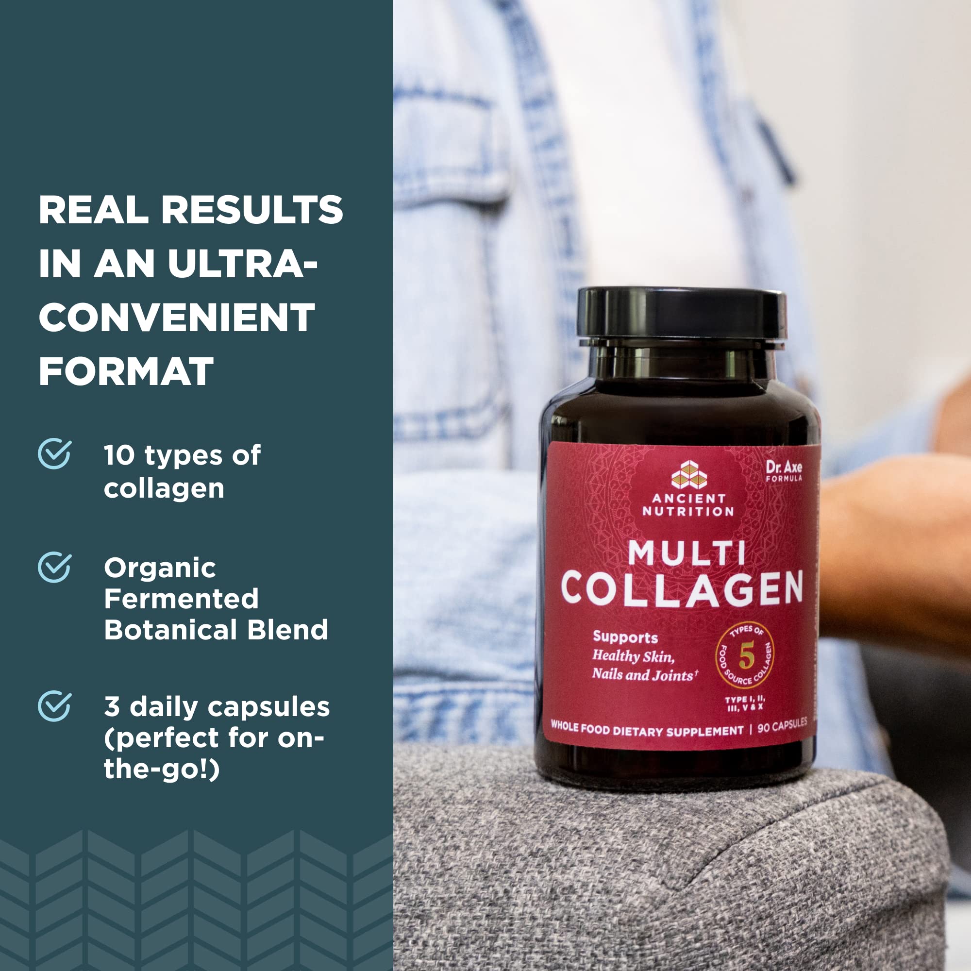 Ancient Nutrition collagen pills sourcing graphic with clean ingredients