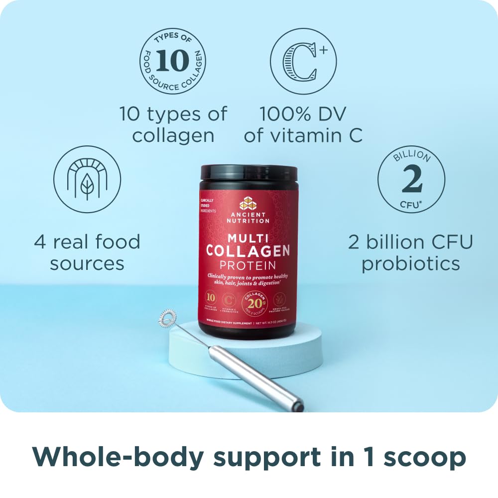 Ancient Nutrition collagen powder dissolving in water demonstrates easy daily mixing.