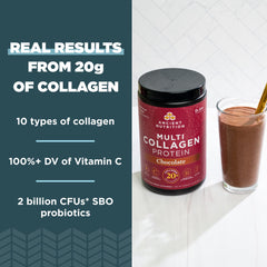 Ancient Nutrition collagen powder poured into a smoothie for a nutritious boost.