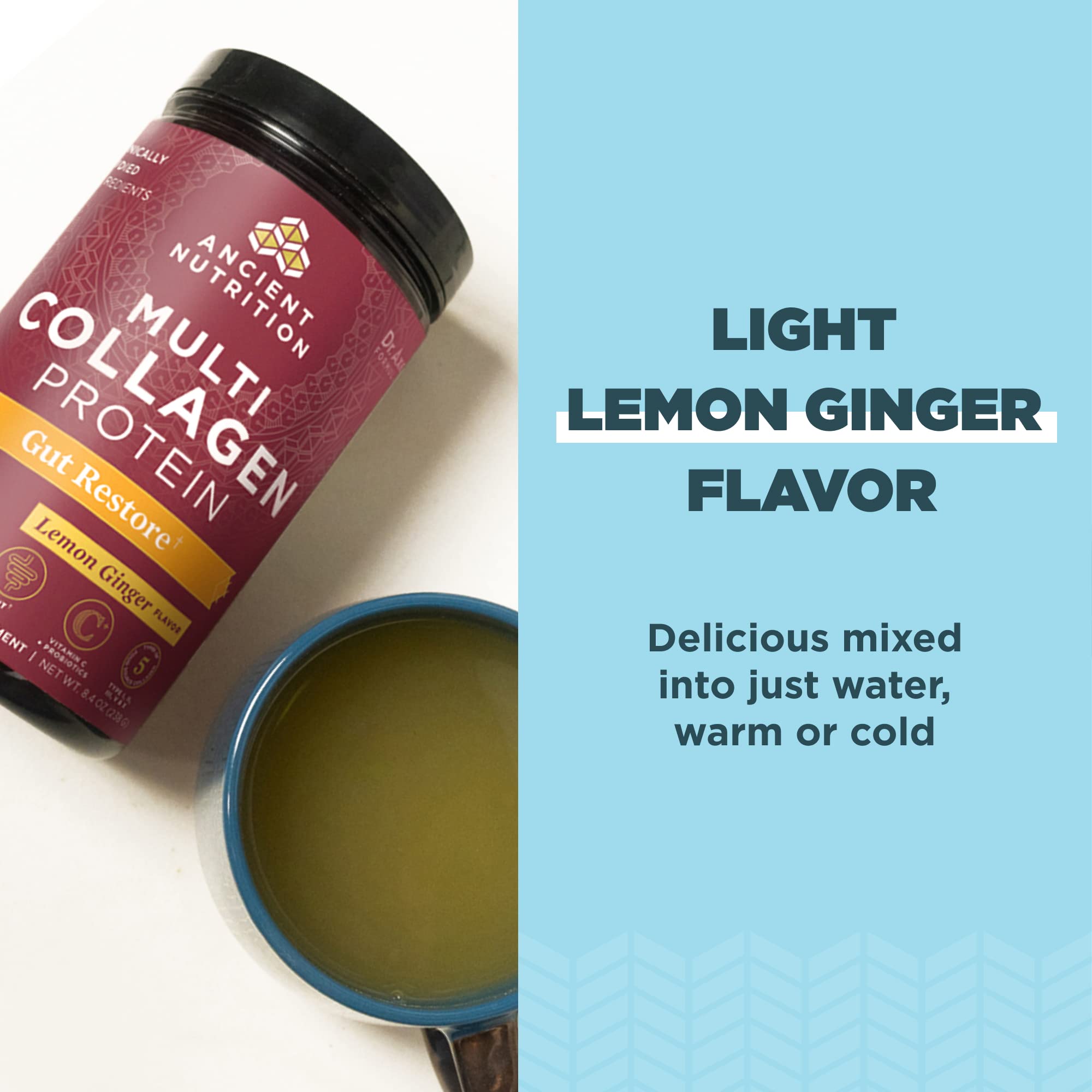 Ancient Nutrition collagen powder pour into smoothie.