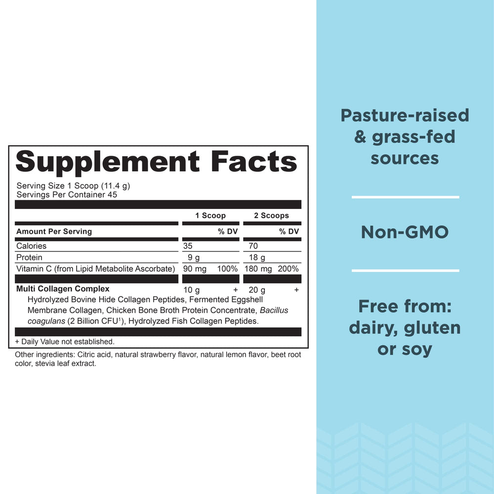 Ancient Nutrition collagen powder with scoop close-up showing convenient serving size
