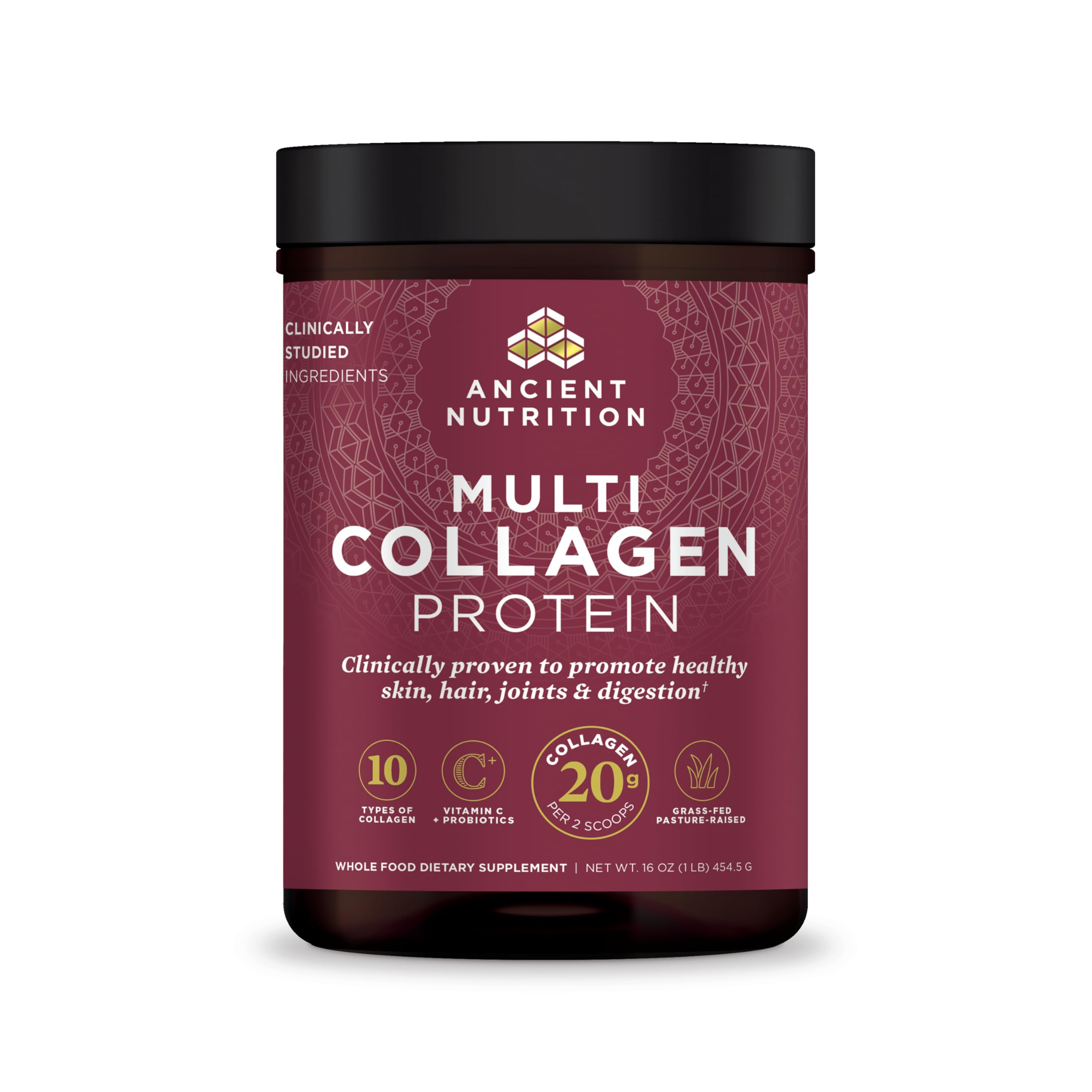Ancient Nutrition collagen-probiotics unflavored packshot showing versatile skin and hair support.