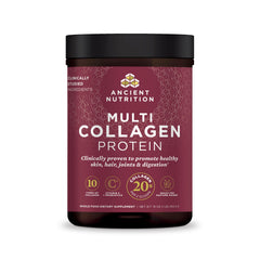 Ancient Nutrition collagen-probiotics unflavored packshot showing versatile skin and hair support.