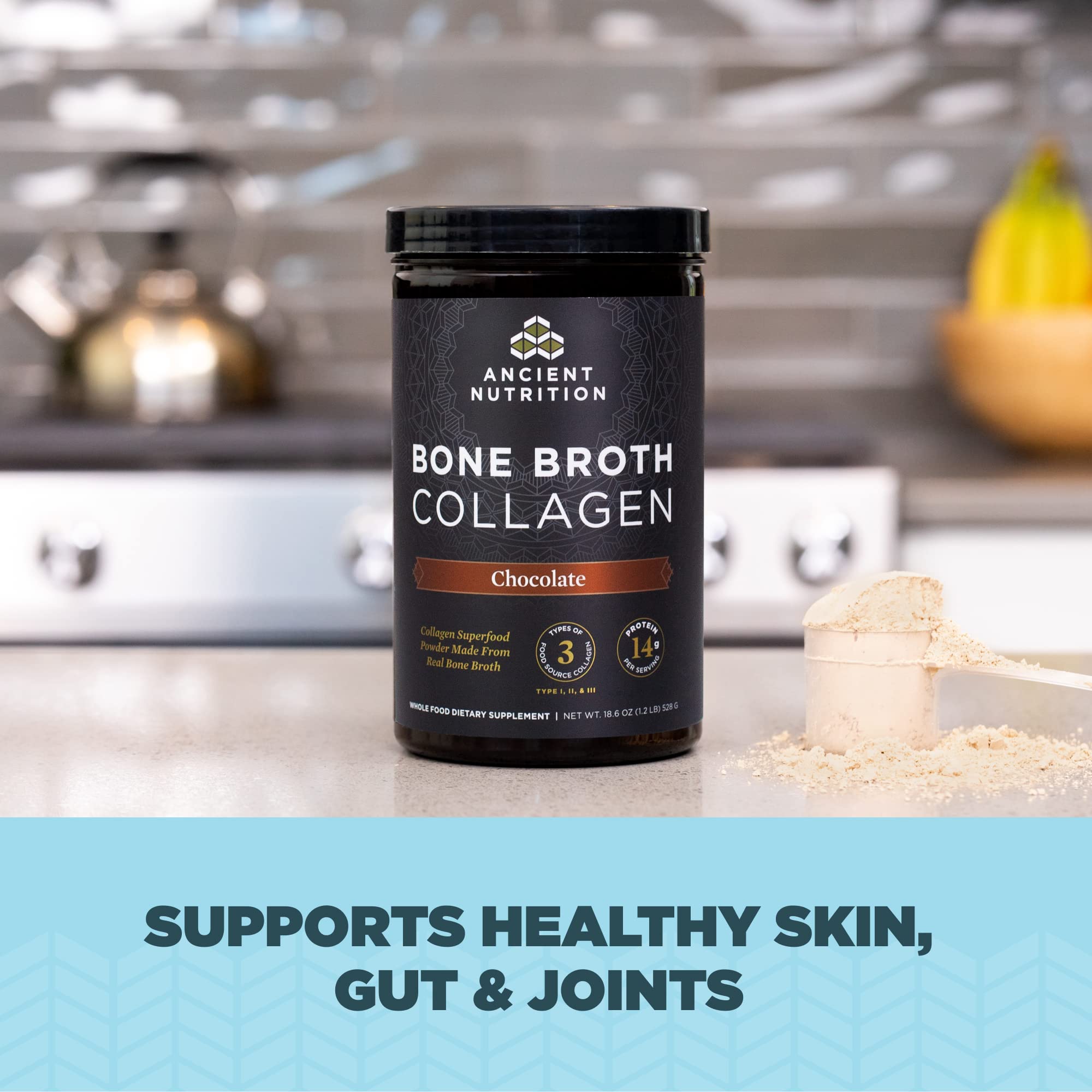 Ancient Nutrition collagen scoop resting in the jar for easy measuring.