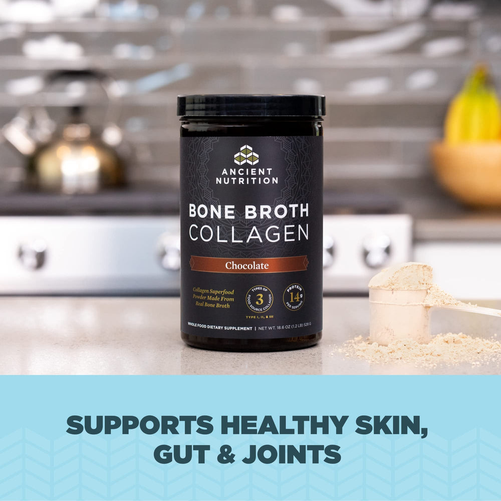Ancient Nutrition collagen scoop resting in the jar for easy measuring.
