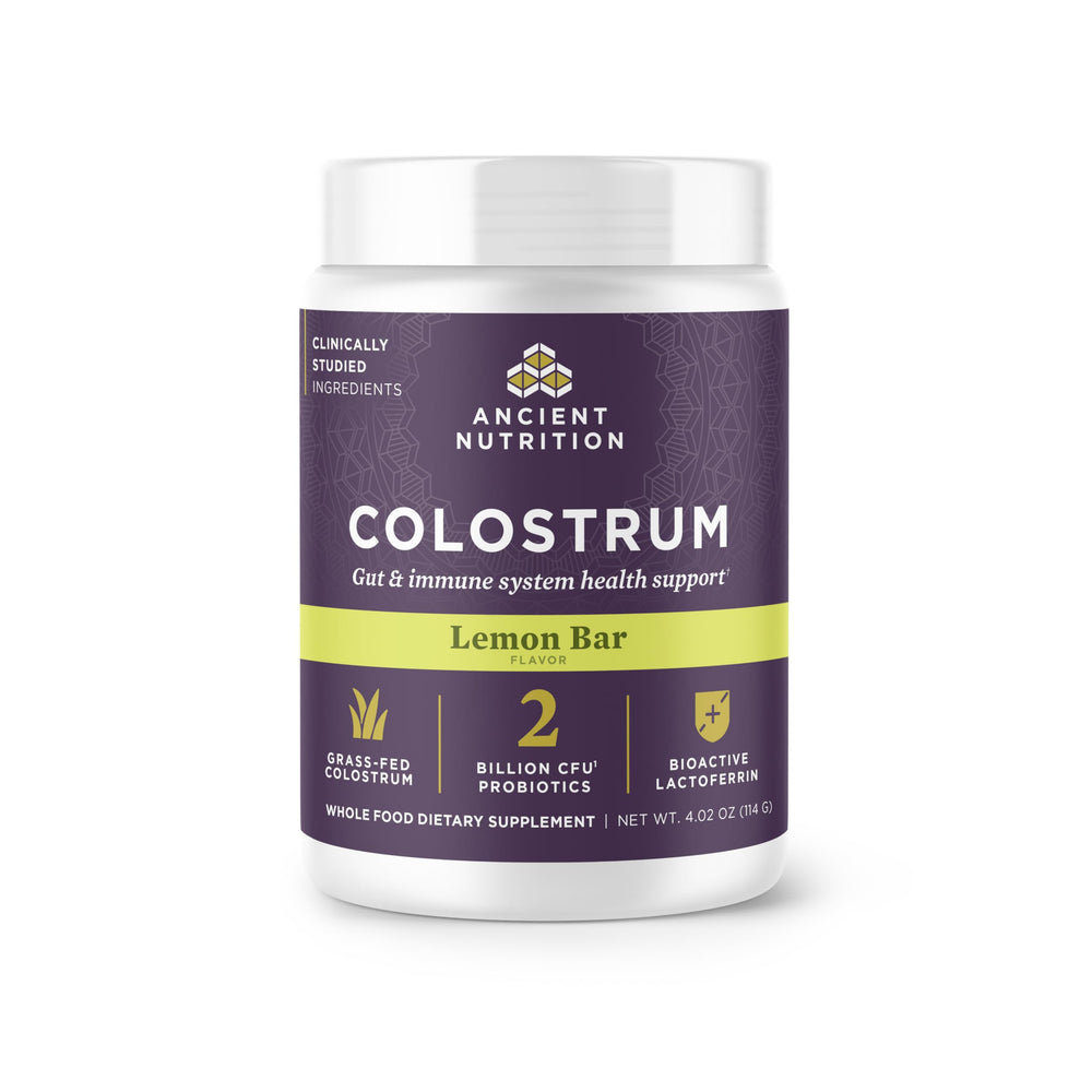 Ancient Nutrition Colostrum Superfood bottle with lemon bar flavor for daily gut support