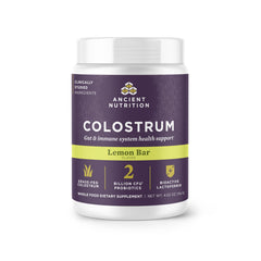 Ancient Nutrition Colostrum Superfood bottle with lemon bar flavor for daily gut support