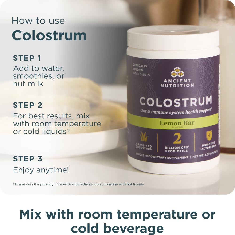 Ancient Nutrition Colostrum Lemon Bar label highlights grass-fed sourcing