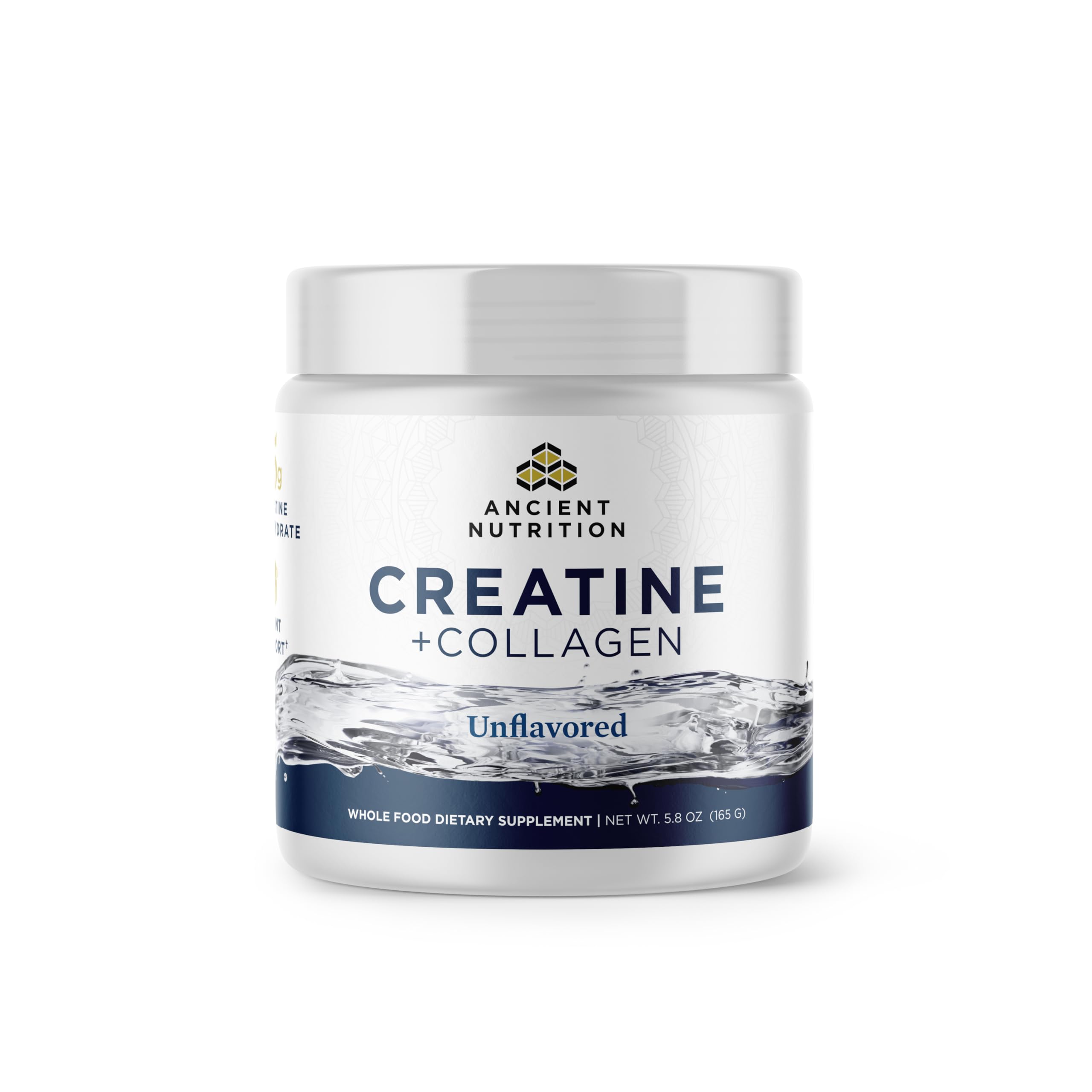 Ancient Nutrition Creatine + Collagen bottle with label showing 30 servings for strength.